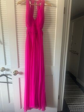 Aidan Mattox Bright Fuchsia Pleated V-Neck Maxi Dress
